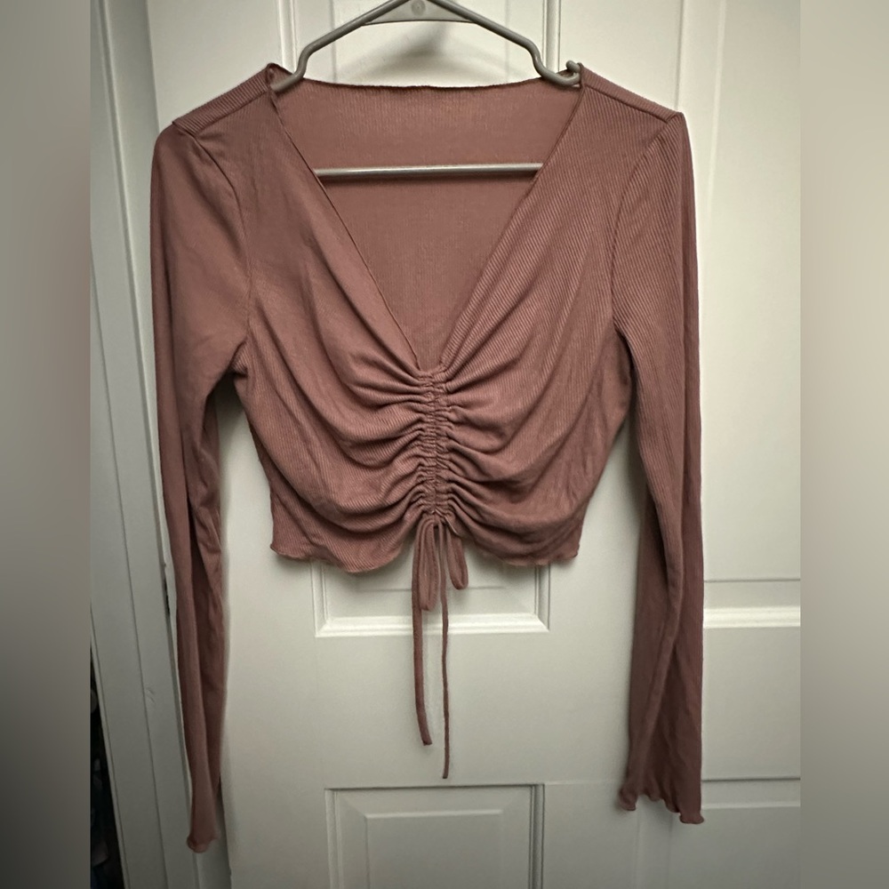 SHEIN Pink Ruched Tie Front Crop Blouse